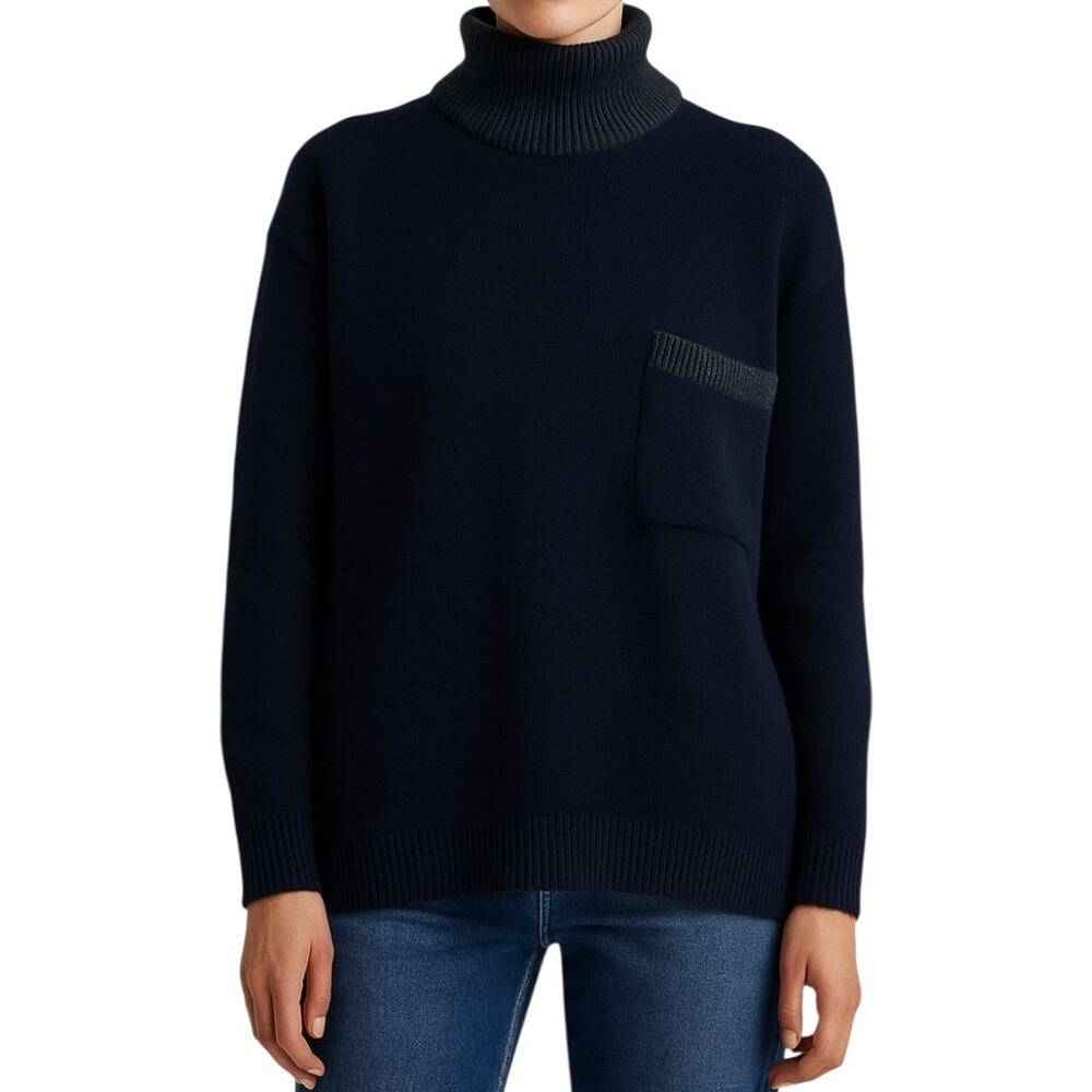 Christian Dior Turtleneck Merino Wool Sweater Chest Pocket Ribbed Trim Navy S